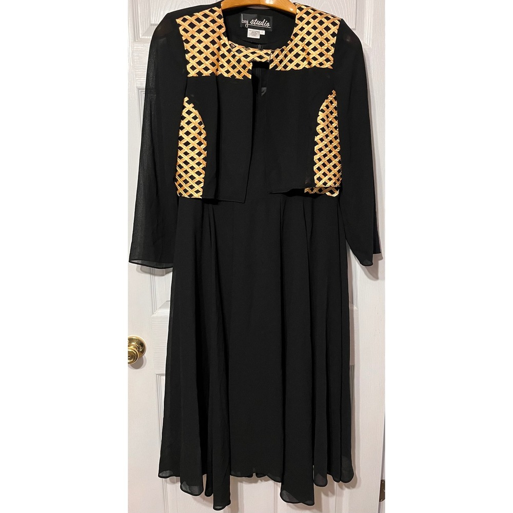 BMJ Studio Womens Black Gold Lattice 2 Piece Dress Bolero Jacket Set Size 14